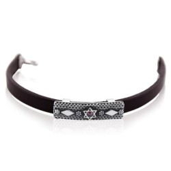 Sterling Silver and Leather Unisex Star of David Bracelet with Gemston