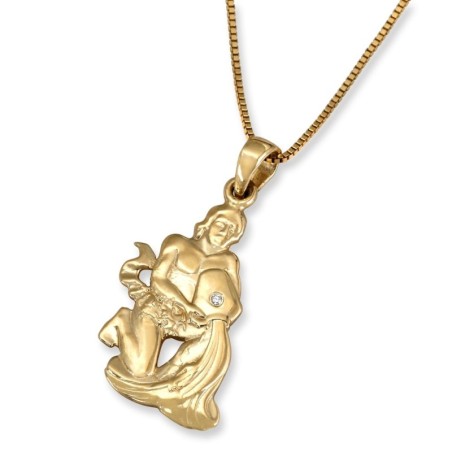 14K Yellow Gold Zodiac Aquarius Pendant with Diamond Accent