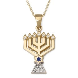 Women's 14K Gold Menorah Pendant with Star of David and Diamonds