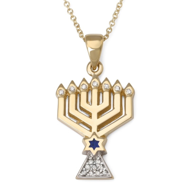 Women's 14K Gold Menorah Pendant with Star of David and Diamonds