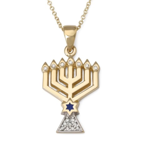 Women's 14K Gold Menorah Pendant with Star of David and Diamonds