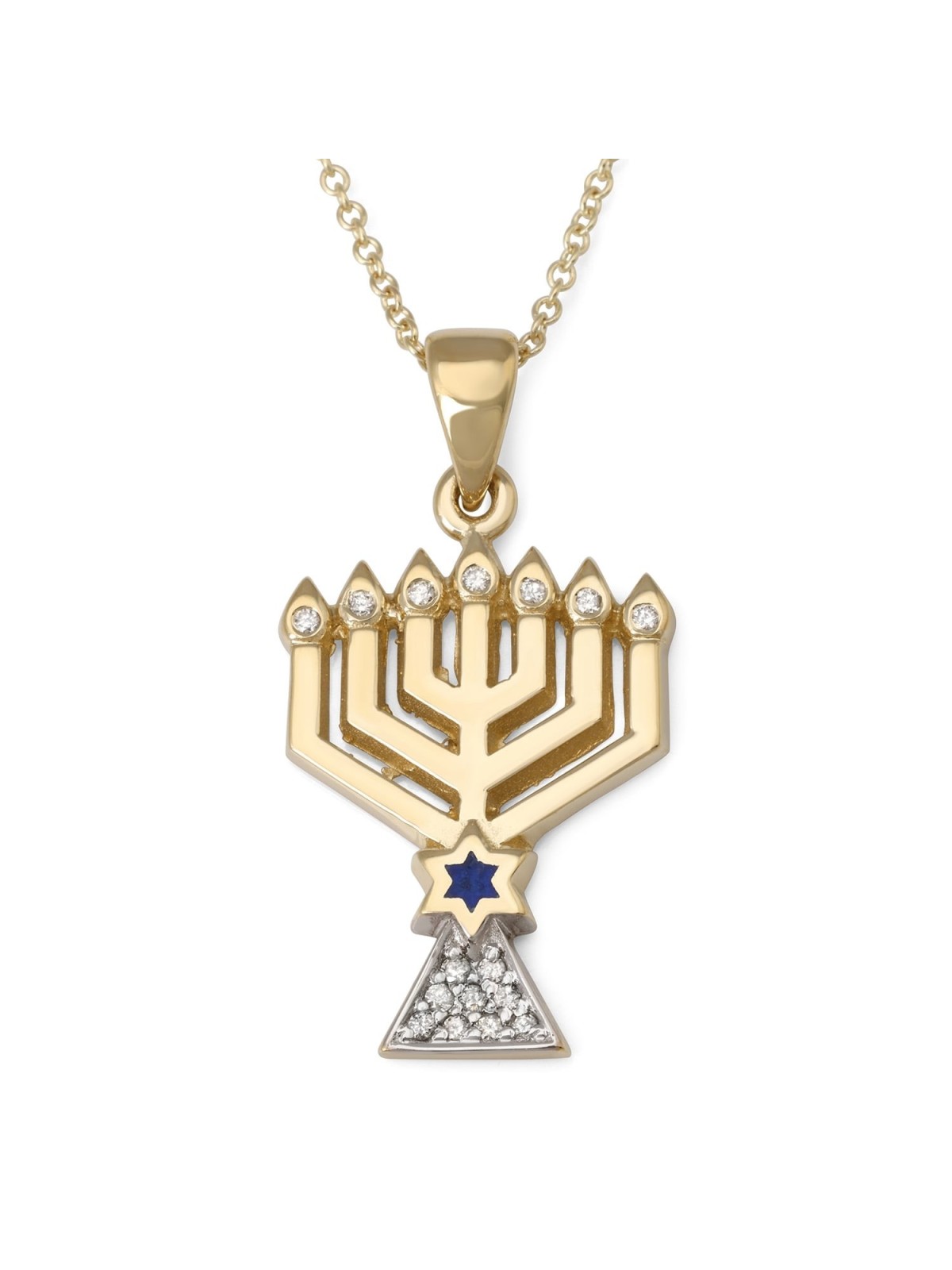 Women's 14K Gold Menorah Pendant with Star of David and Diamonds