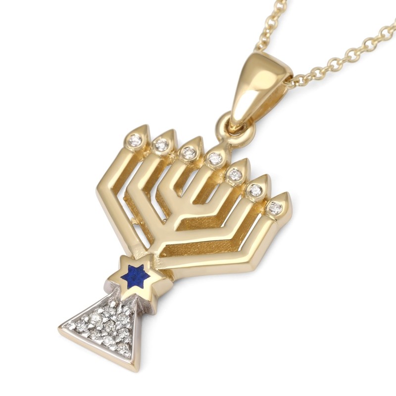 Women's 14K Gold Menorah Pendant with Star of David and Diamonds