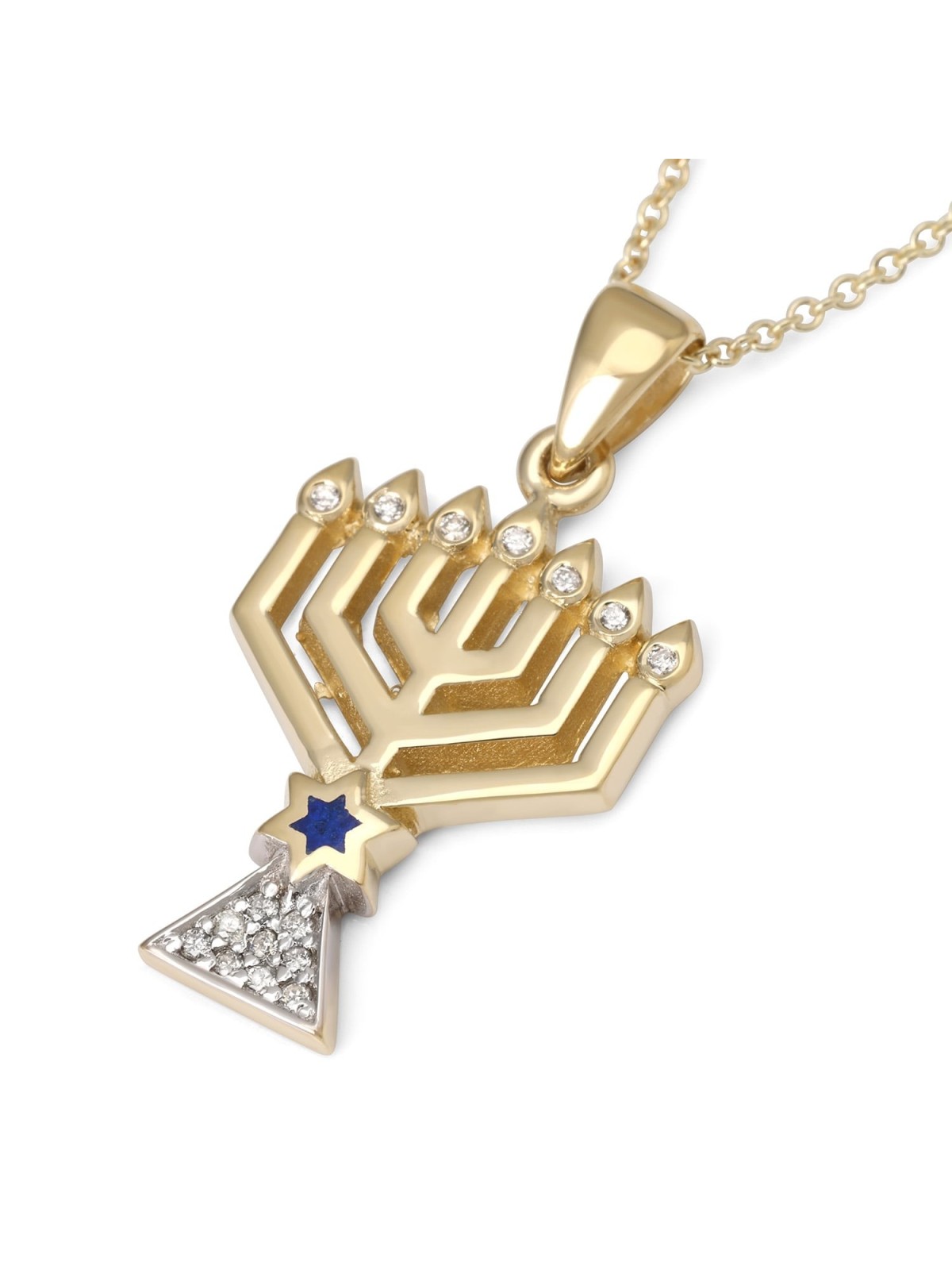 Women's 14K Gold Menorah Pendant with Star of David and Diamonds