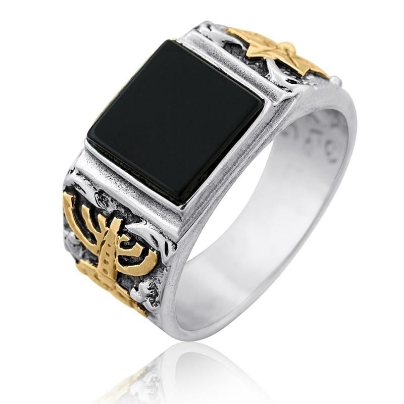 Bague en argent et onyx avec étoile de David dorée et menorah