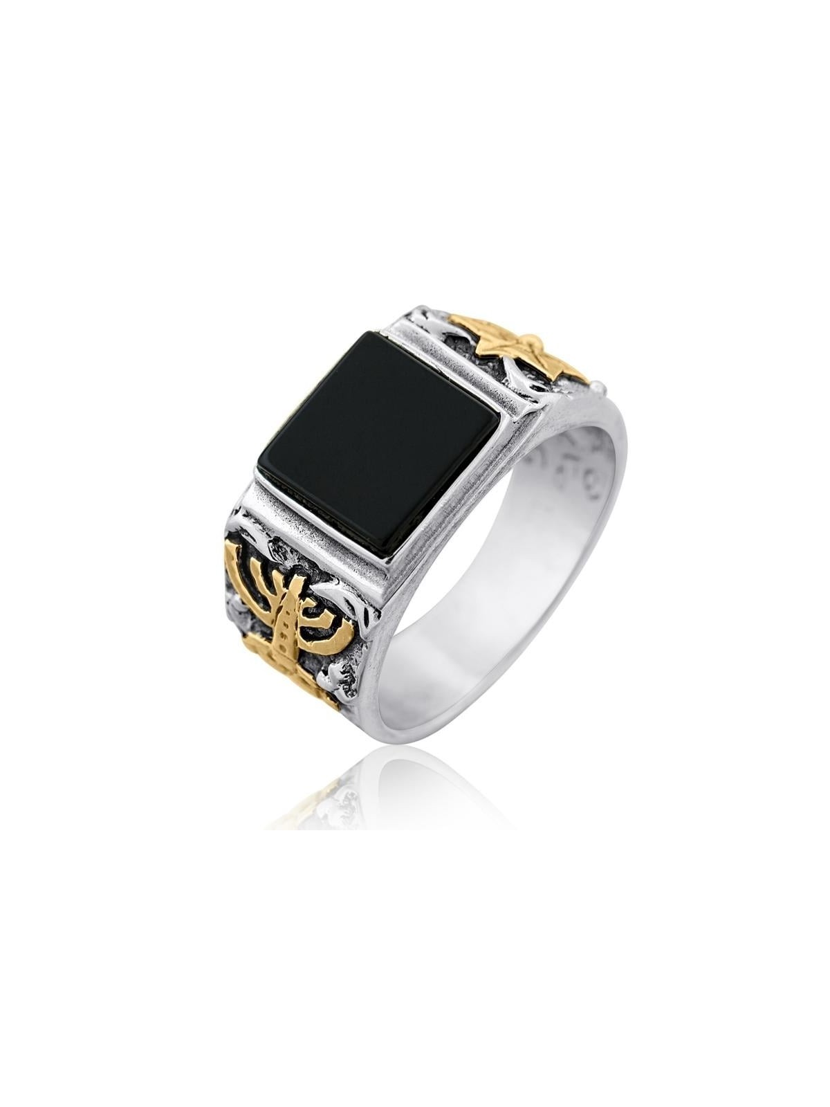 Silver and Onyx Ring with Golden Star of David and Menorah