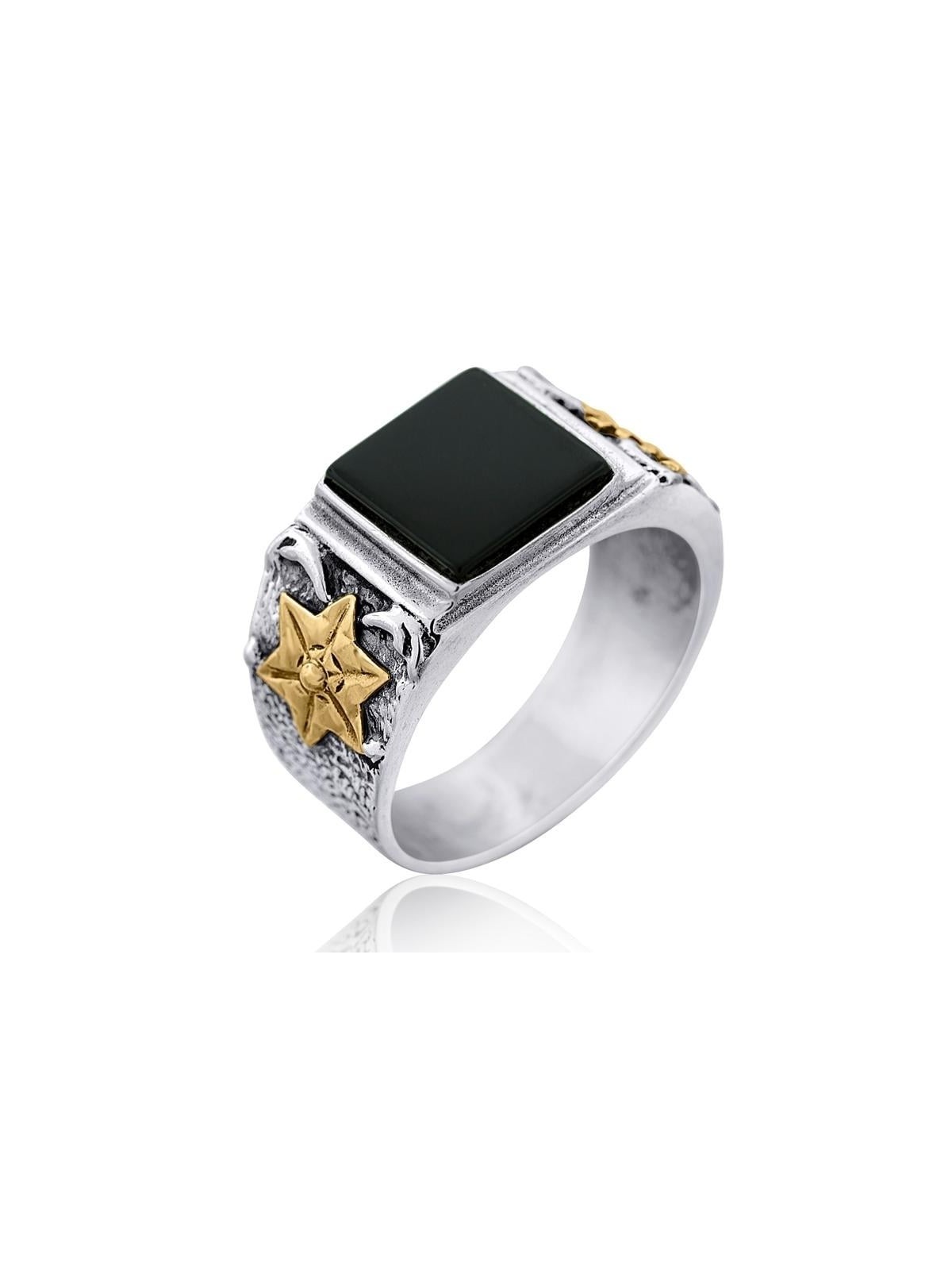 Silver and Onyx Ring with Golden Star of David and Menorah