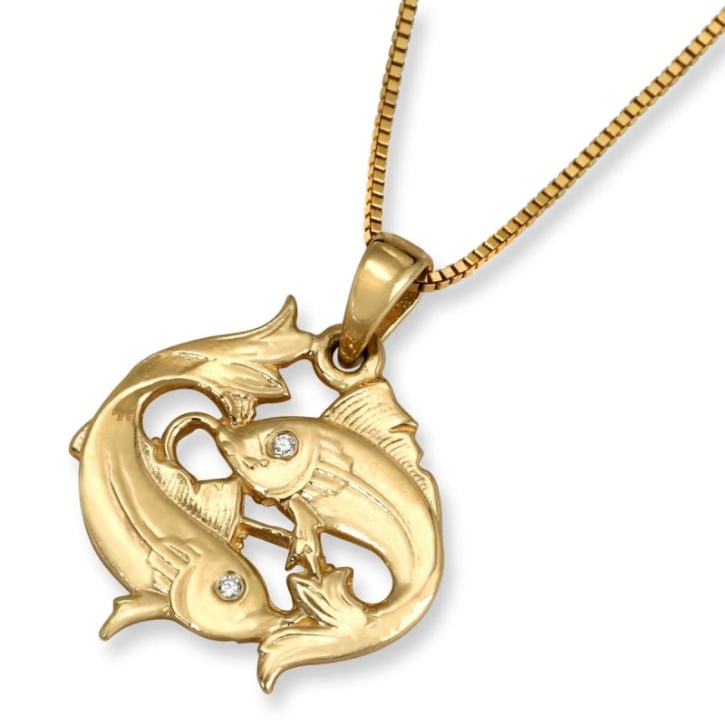 Pendentif Poissons du zodiaque en or jaune 14 carats avec accent de diamants