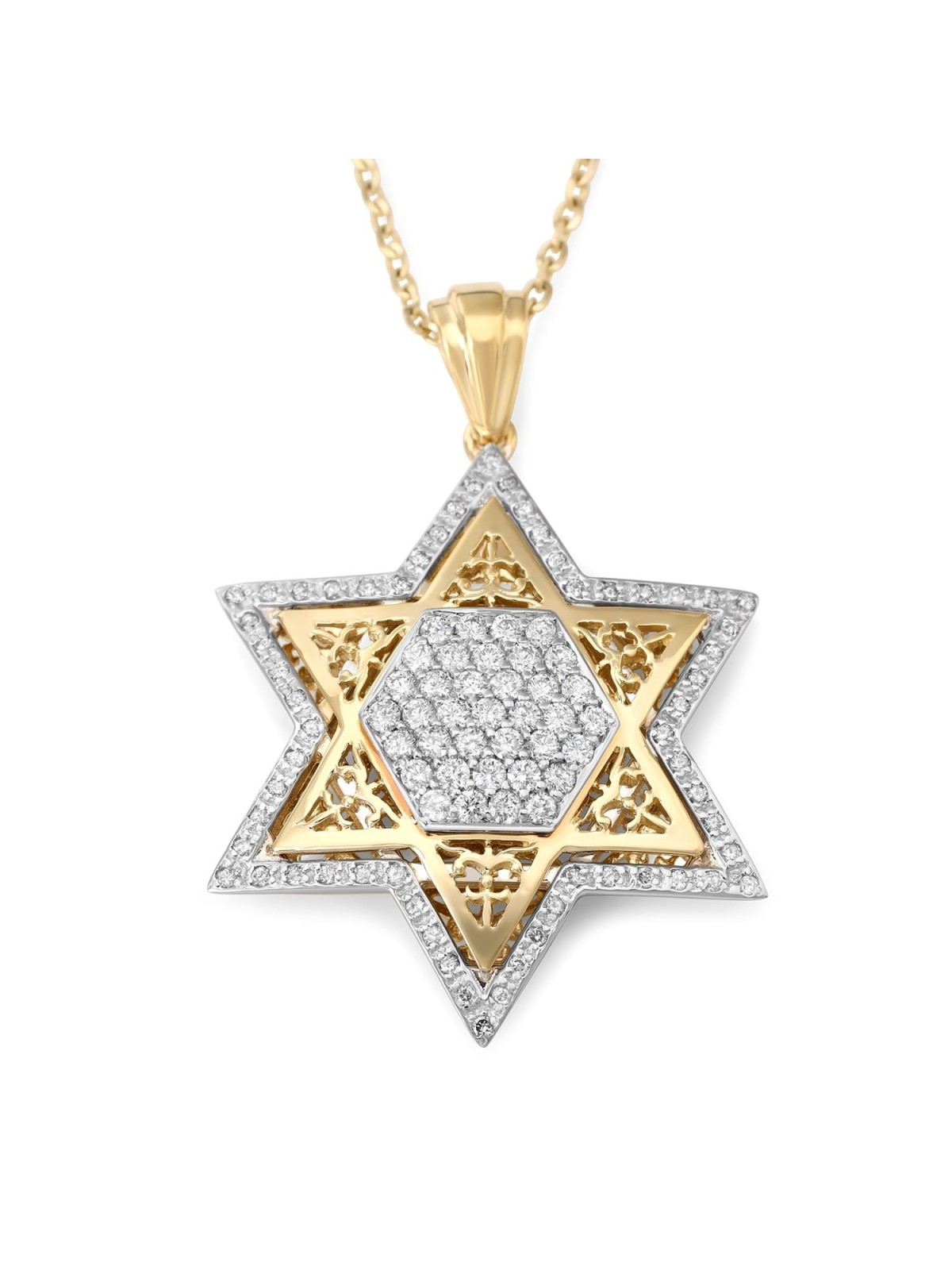 תליון מגן דוד לנשים מזהב 14 קראט מרופד ביהלומים (צבע אופטי