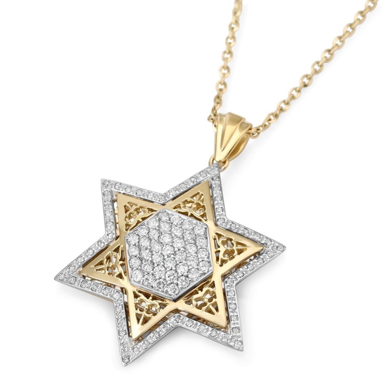 תליון מגן דוד לנשים מזהב 14 קראט מרופד ביהלומים (צבע אופטי