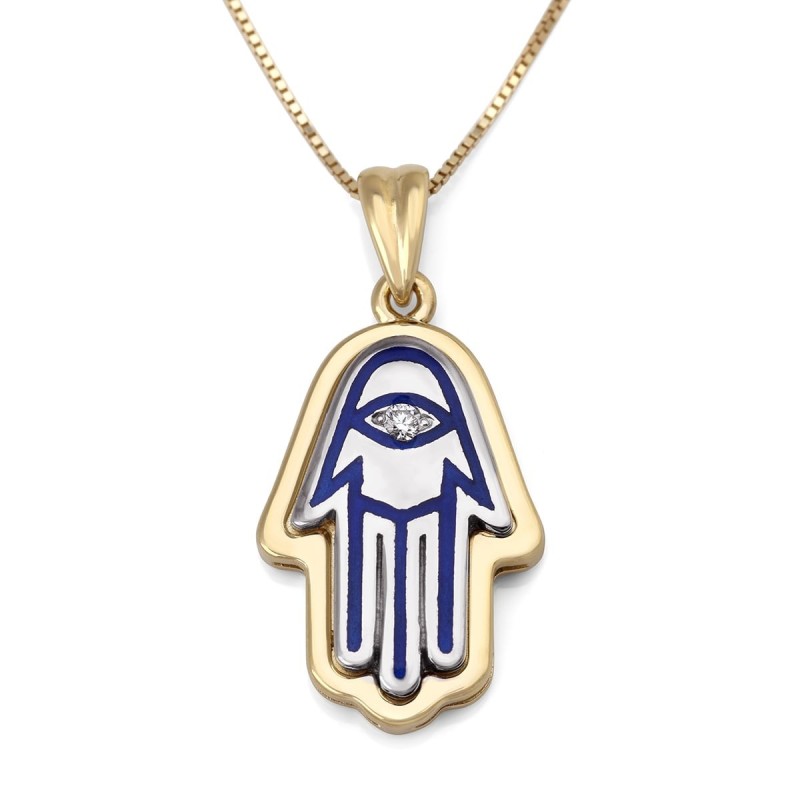 Grand collier à pendentif Hamsa en or 14 carats avec diamant blanc