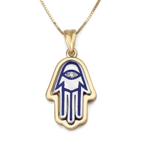 Grand collier à pendentif Hamsa en or 14 carats avec diamant blanc