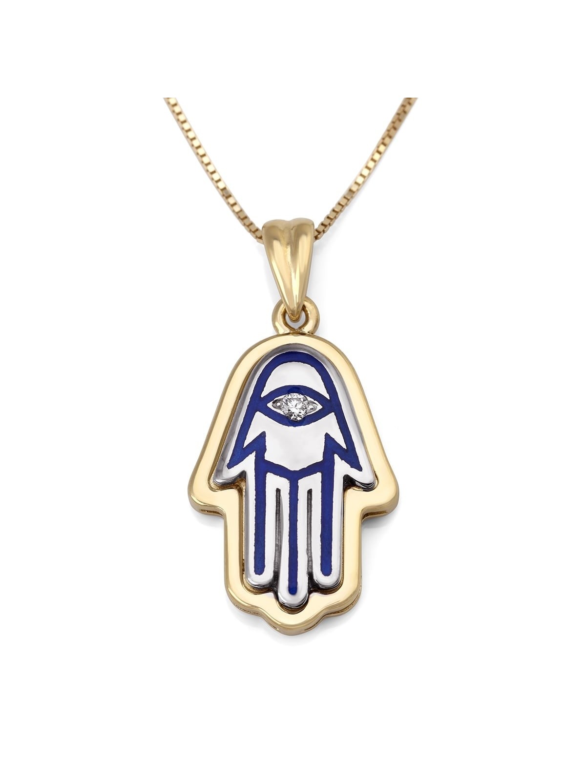 Grand collier à pendentif Hamsa en or 14 carats avec diamant blanc