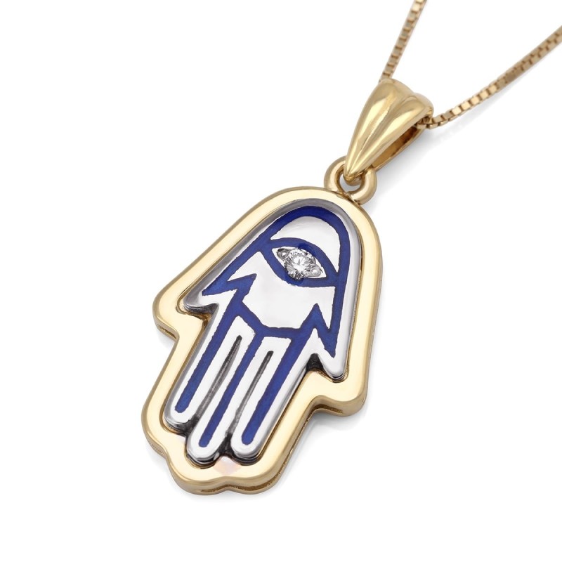 Grand collier à pendentif Hamsa en or 14 carats avec diamant blanc