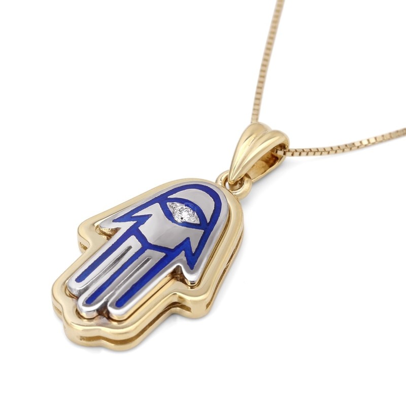Grand collier à pendentif Hamsa en or 14 carats avec diamant blanc