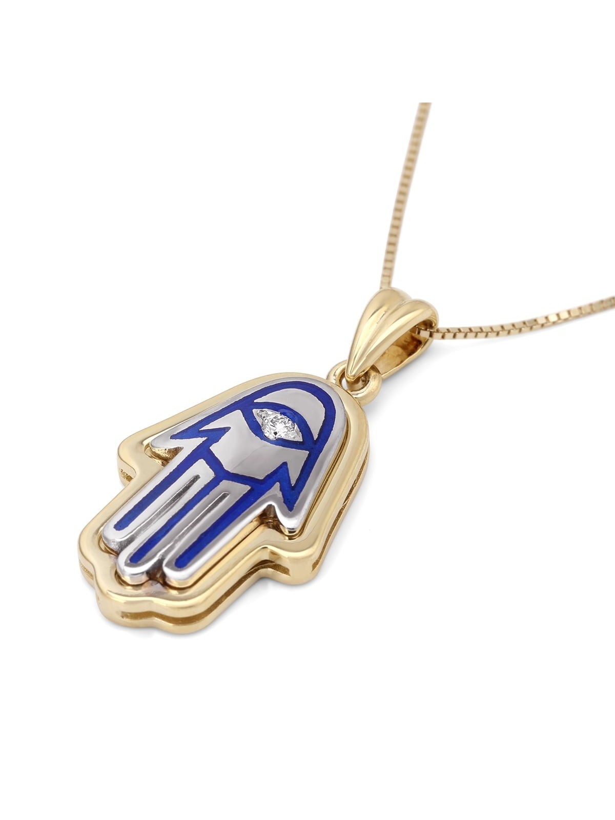 Grand collier à pendentif Hamsa en or 14 carats avec diamant blanc