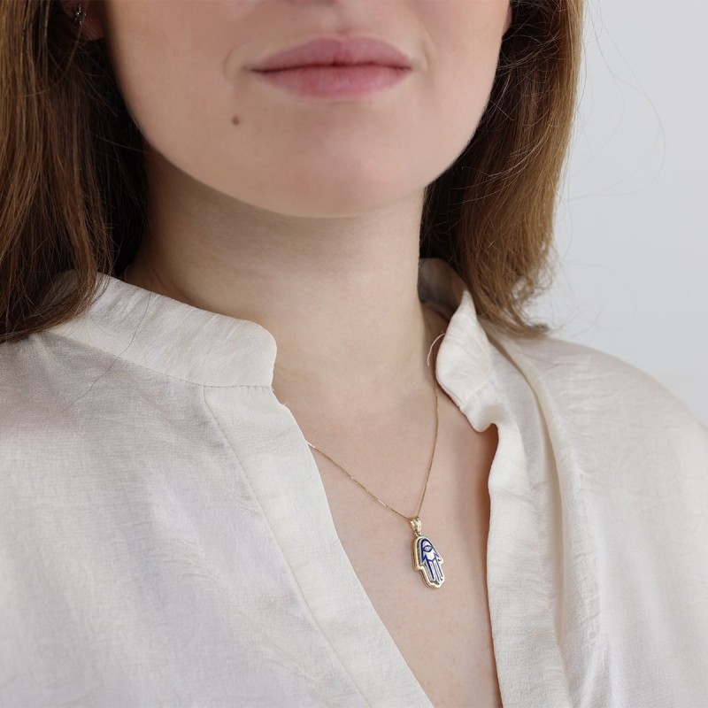 Grand collier à pendentif Hamsa en or 14 carats avec diamant blanc