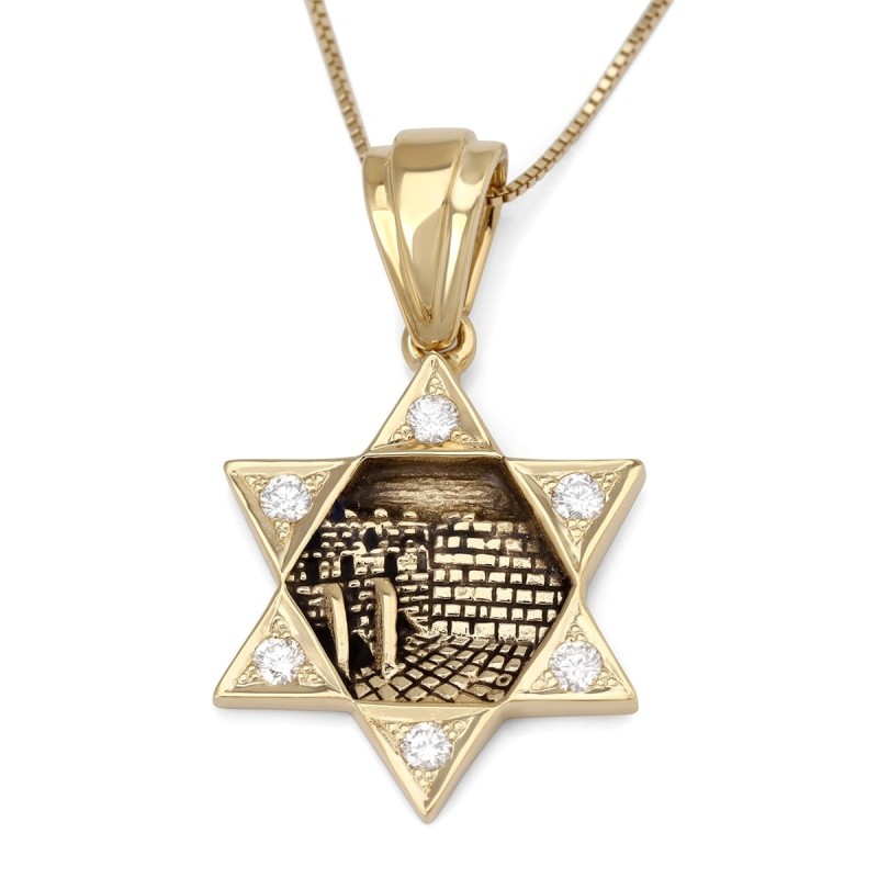 Collier pendentif étoile de David et mur Occidental orné de diamants en or 14 carats