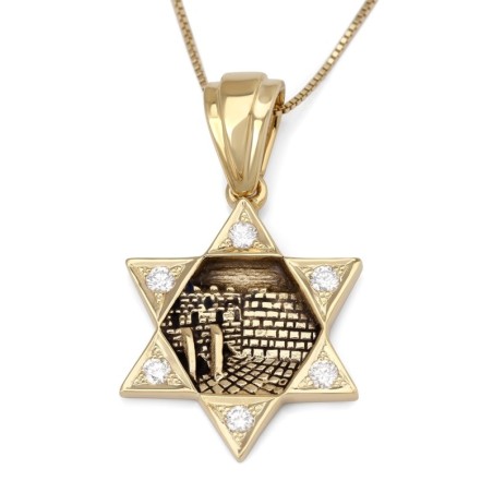 Collier pendentif étoile de David et mur Occidental orné de diamants en or 14 carats