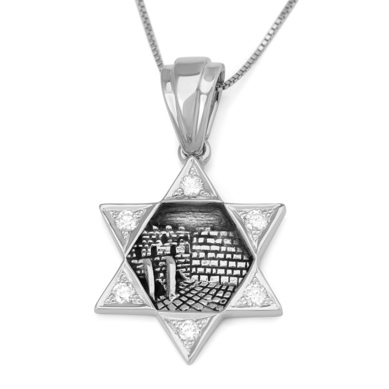 Collier pendentif étoile de David et mur Occidental orné de diamants en or 14 carats