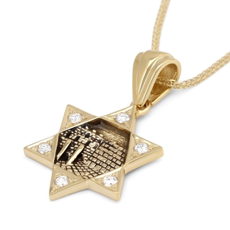 Collier pendentif étoile de David et mur Occidental orné de diamants en or 14 carats