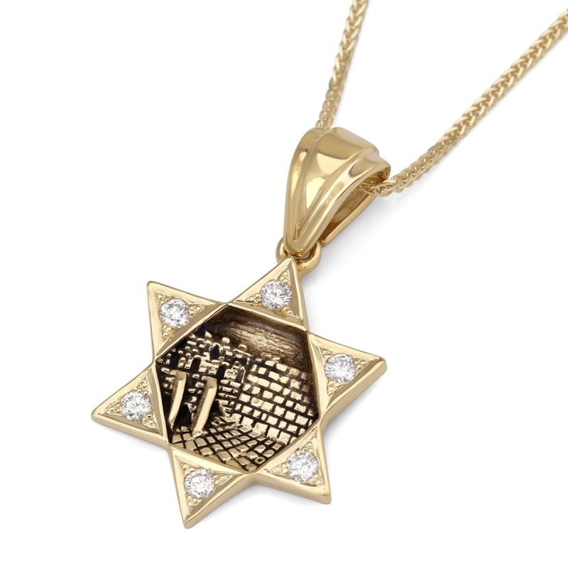 Collier pendentif étoile de David et mur Occidental orné de diamants en or 14 carats
