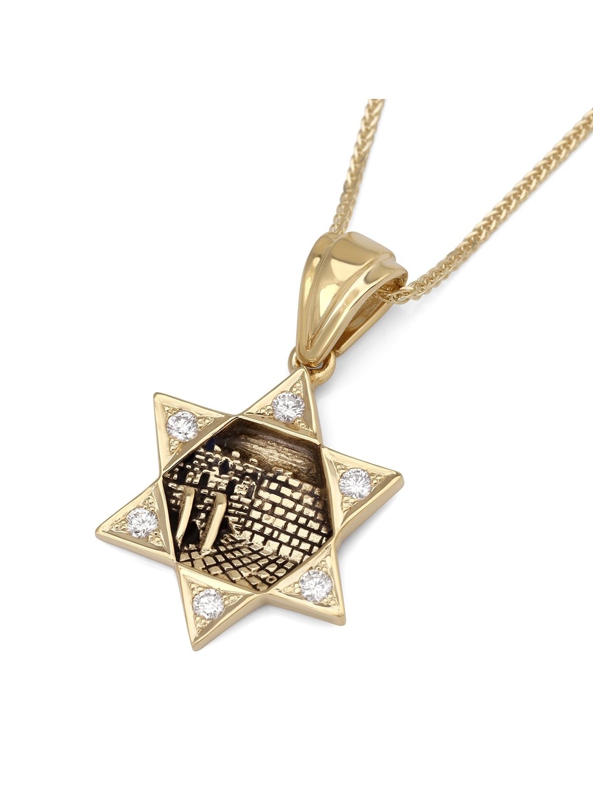 Collier pendentif étoile de David et mur Occidental orné de diamants en or 14 carats