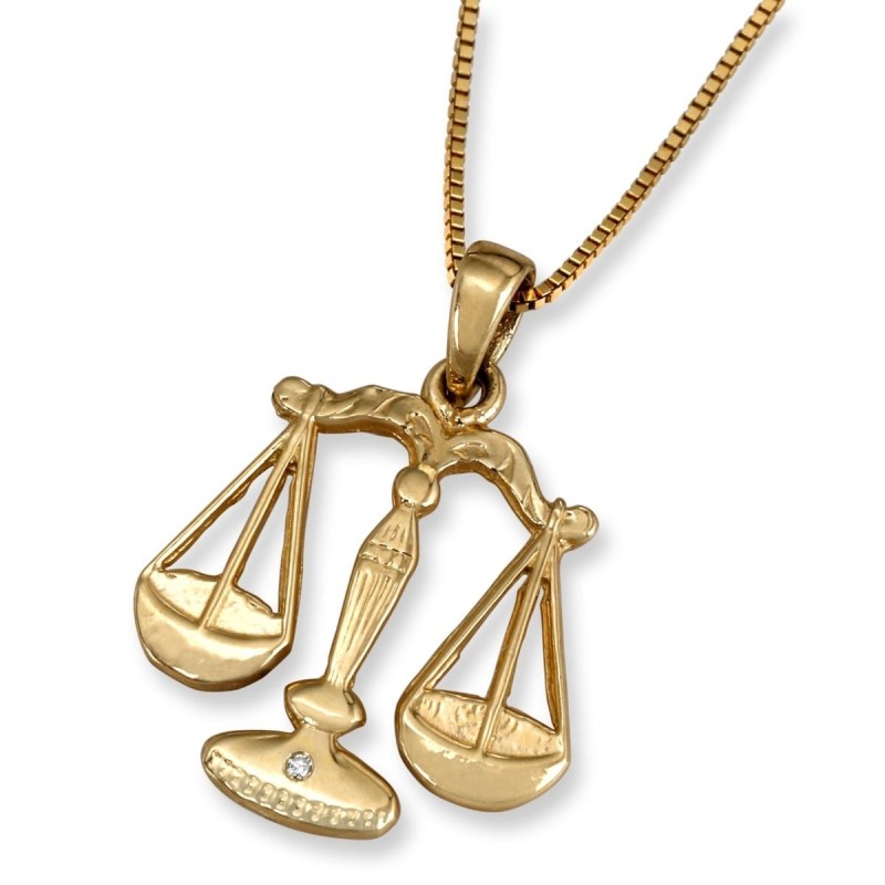 Pendentif Balance du zodiaque en or jaune 14 carats avec accent de diamants