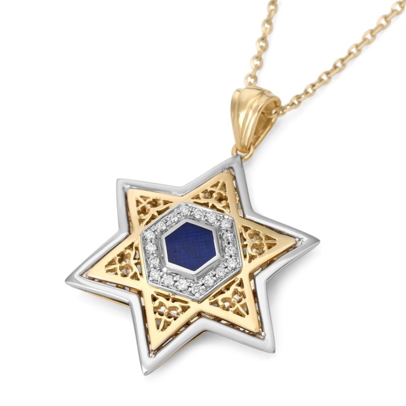 Pendentif étoile de David en or 14 carats avec diamants et motif orné