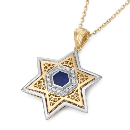 Pendentif étoile de David en or 14 carats avec diamants et motif orné