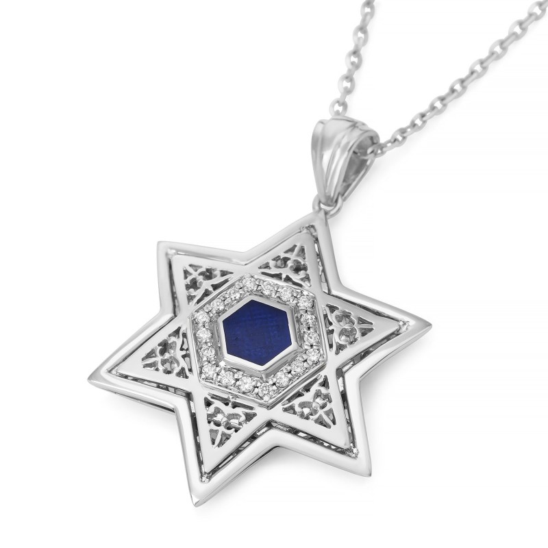 Pendentif étoile de David en or 14 carats avec diamants et motif orné