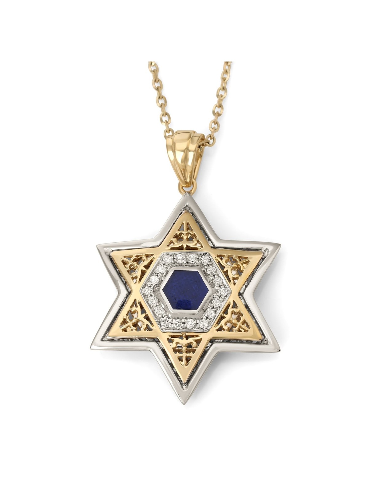 Pendentif étoile de David en or 14 carats avec diamants et motif orné