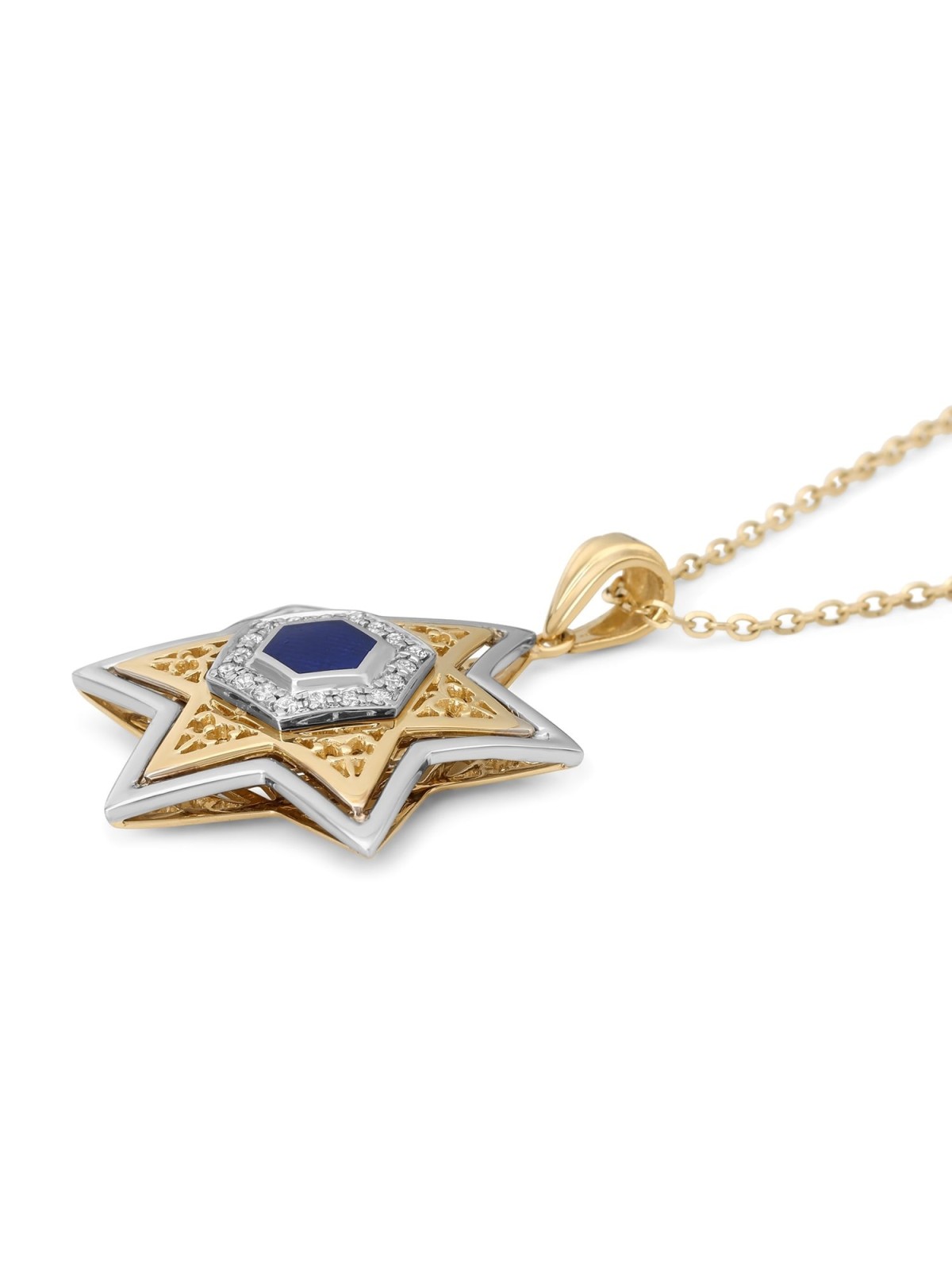 Pendentif étoile de David en or 14 carats avec diamants et motif orné