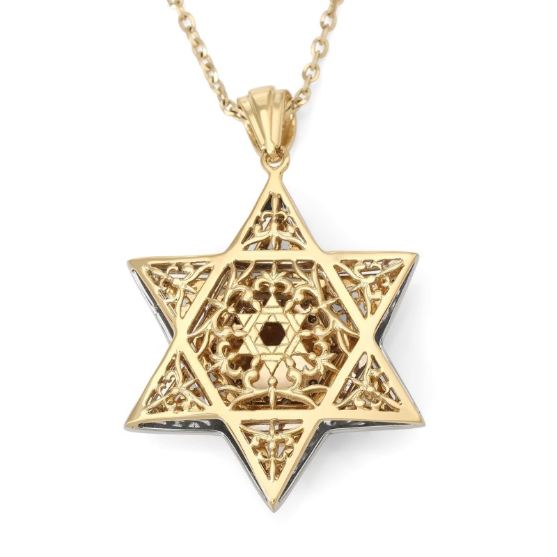 Pendentif étoile de David en or 14 carats avec diamants et motif orné