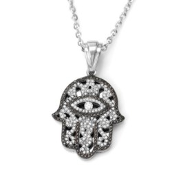 14K Gold Women's Hamsa Pendant with Evil Eye and Black & White Diamond