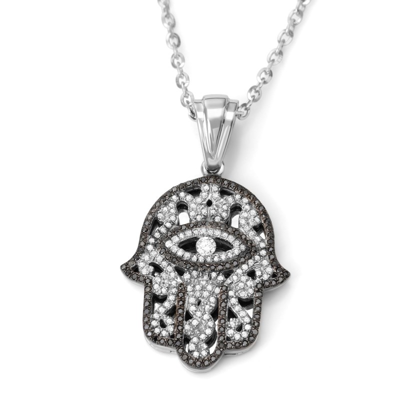 14K Gold Women's Hamsa Pendant with Evil Eye and Black & White Diamond