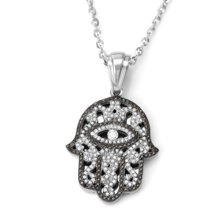 14K Gold Women's Hamsa Pendant with Evil Eye and Black & White Diamond