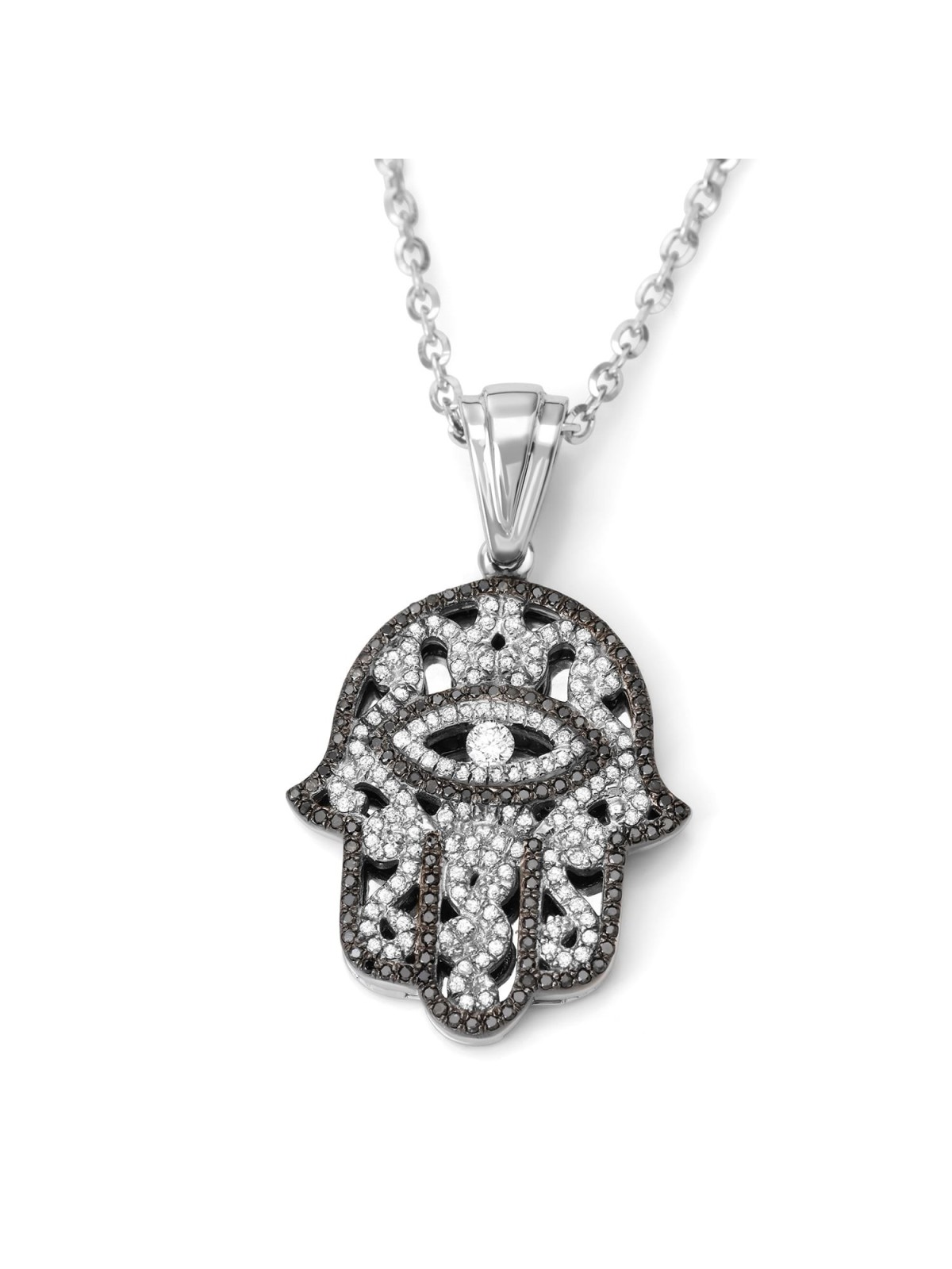 14K Gold Women's Hamsa Pendant with Evil Eye and Black & White Diamond
