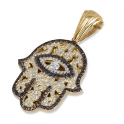 14K Gold Women's Hamsa Pendant with Evil Eye and Black & White Diamond