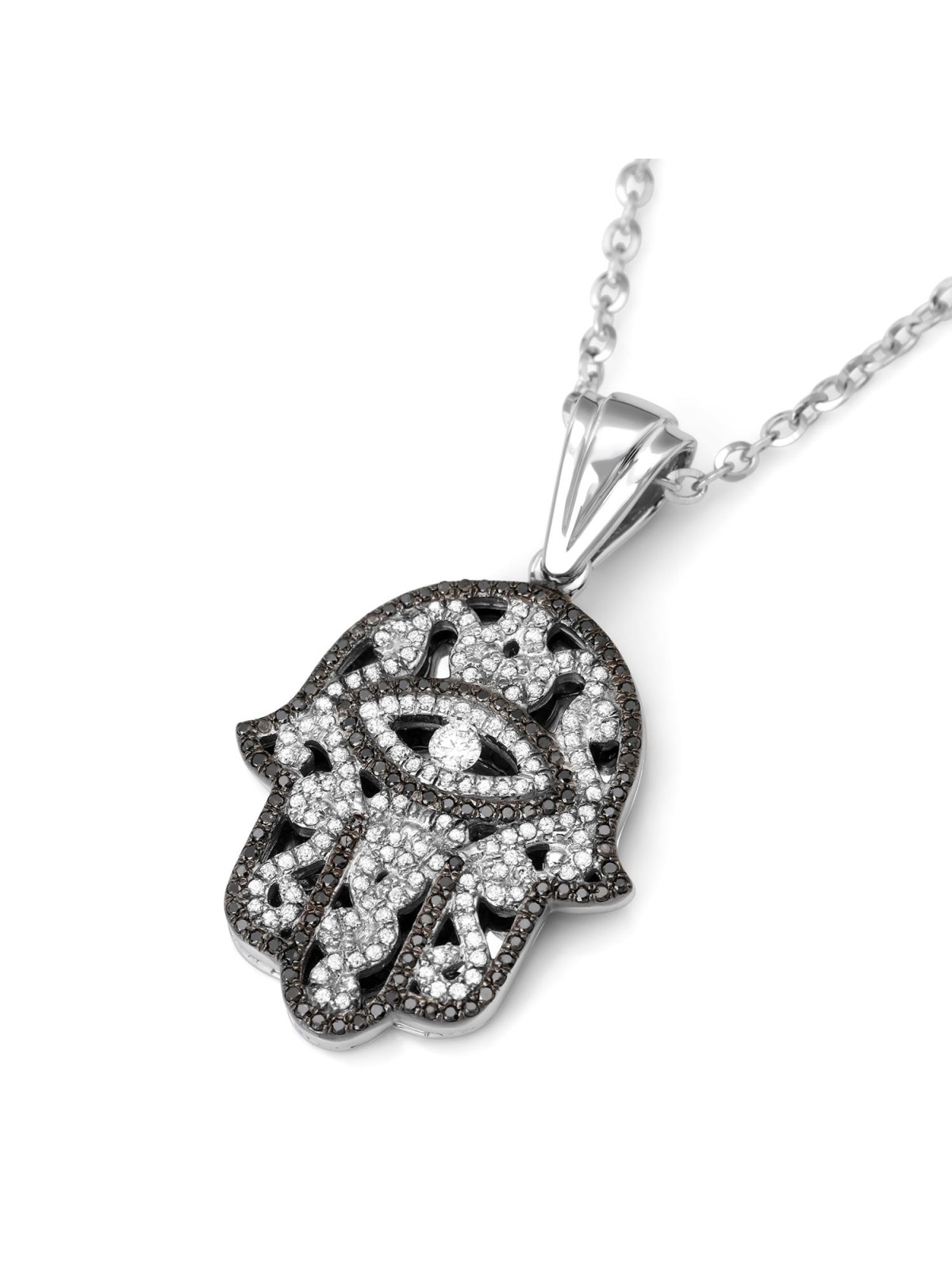 14K Gold Women's Hamsa Pendant with Evil Eye and Black & White Diamond