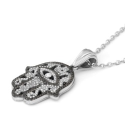 14K Gold Women's Hamsa Pendant with Evil Eye and Black & White Diamond