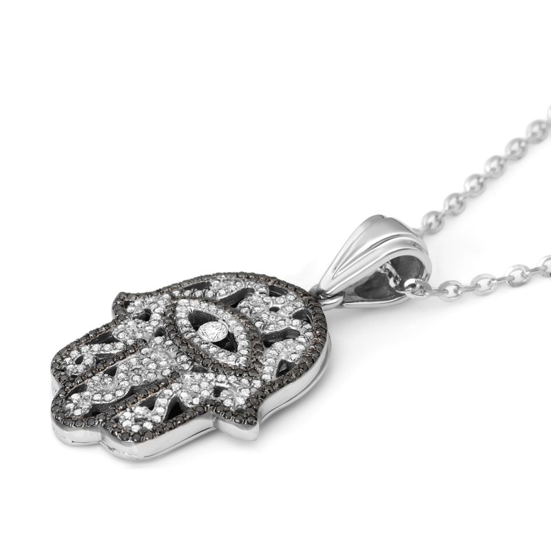Pendentif Hamsa pour femme en or 14 carats avec mauvais œil et diamant noir et blanc