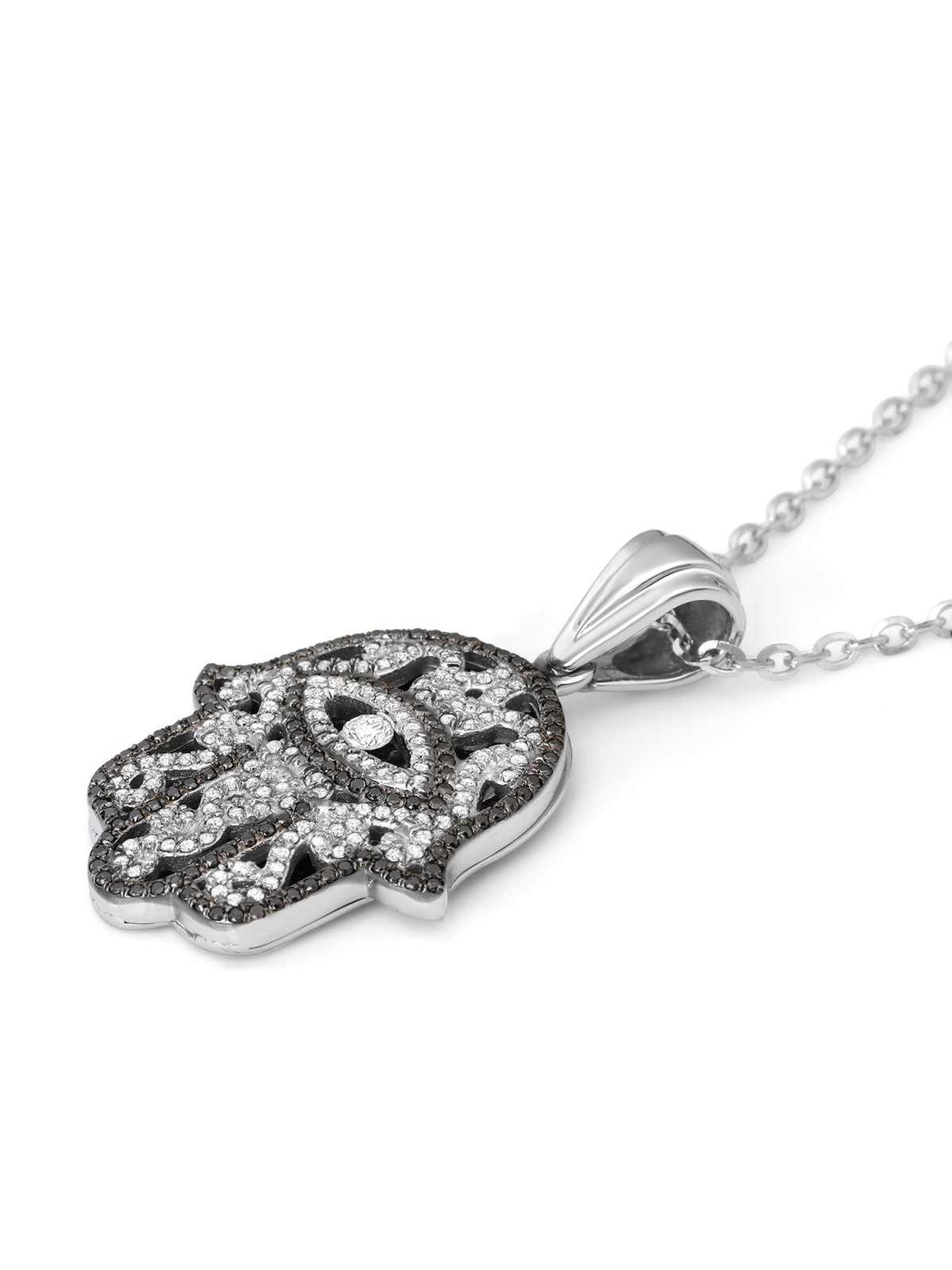 14K Gold Women's Hamsa Pendant with Evil Eye and Black & White Diamond