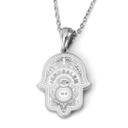14K Gold Women's Hamsa Pendant with Evil Eye and Black & White Diamond