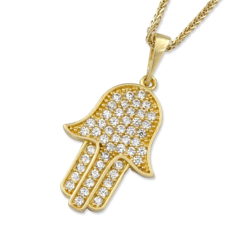Luxueux collier pendentif Hamsa en or jaune 14 carats avec zircone cubique A