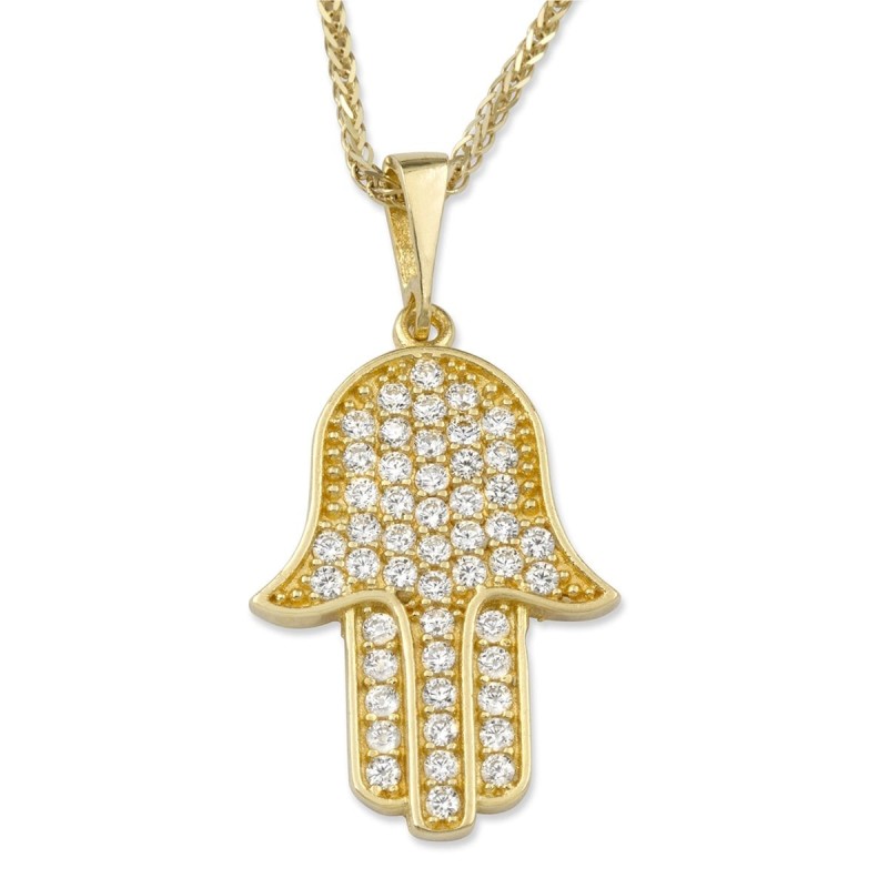 Luxurious 14K Yellow Gold Hamsa Pendant Necklace With Cubic Zirconia A