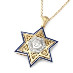 14K Gold Unisex Star of David Pendant with Diamonds and Enamel - Color