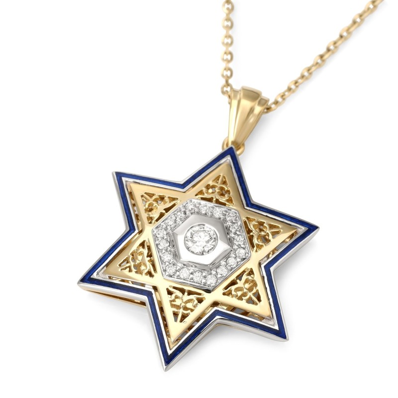 14K Gold Unisex Star of David Pendant with Diamonds and Enamel - Color