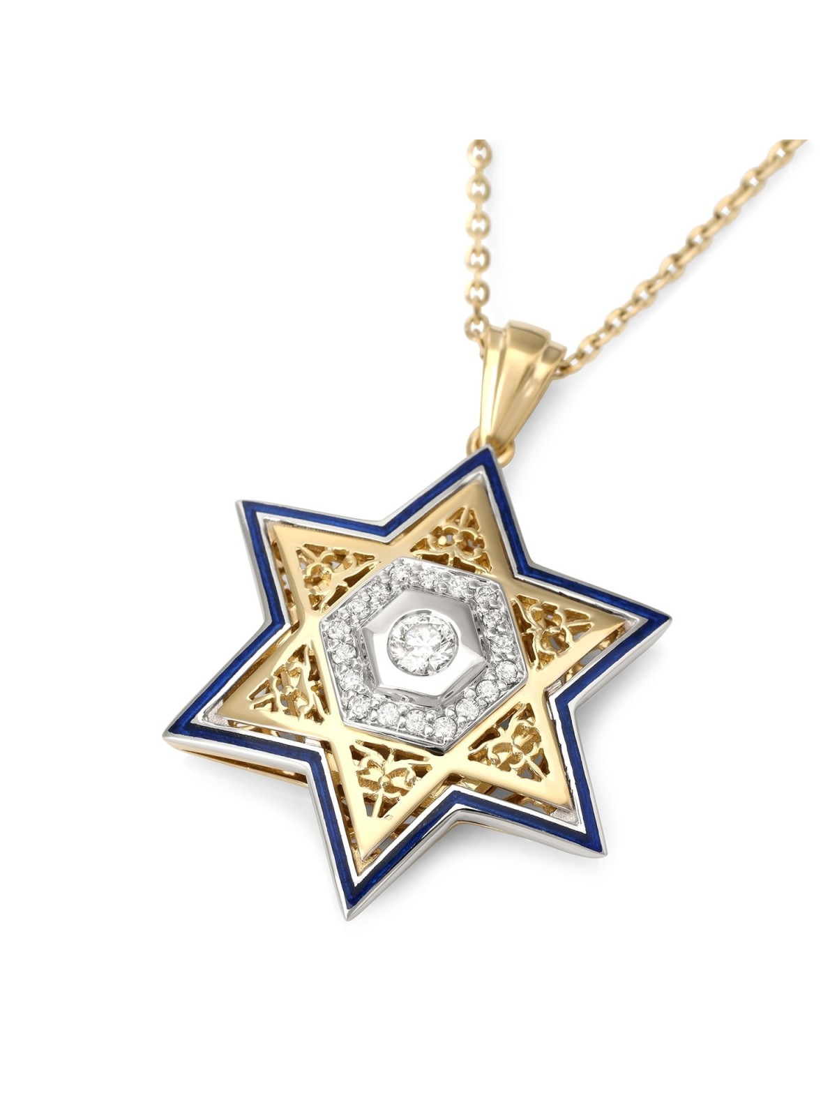 Pendentif étoile de David unisexe en or 14 carats avec diamants et émail - Couleur