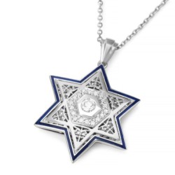 14K Gold Unisex Star of David Pendant with Diamonds and Enamel - Color